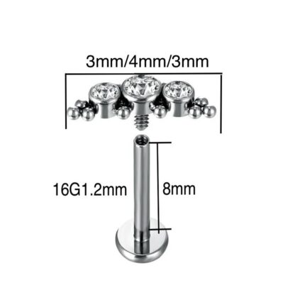 Piercing Labret Rosca Interna Titanio com 3 Zirconias Medidas