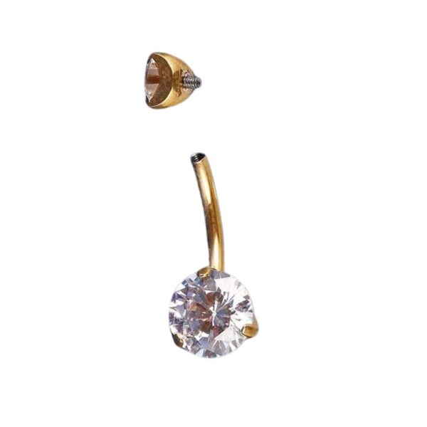 piercing de umbigo titanio dourado zirconia cravejada com rosca interna