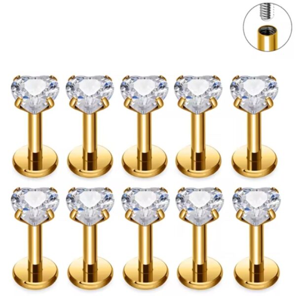 piercing labret titanio de coração com zirconia dourado rosca interna