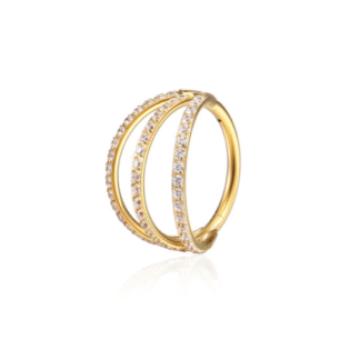 Piercing Argola Segment em Titânio Dourado PVD com Tripla Fileira Zircônias