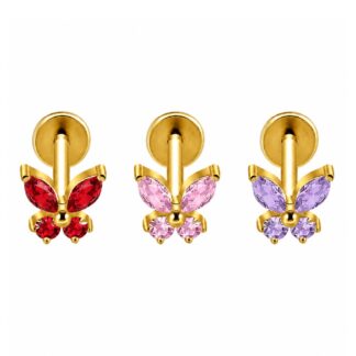 Piercing Borboleta em Titânio Dourado PVD com Zircônias Coloridas