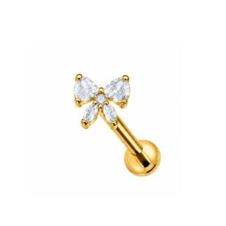 piercing de lacinho laço para orelha cravejado titanio dourado
