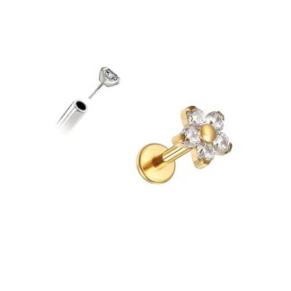 Piercing Push Pin Florzinha em Titânio Dourado PVD com Zircônias